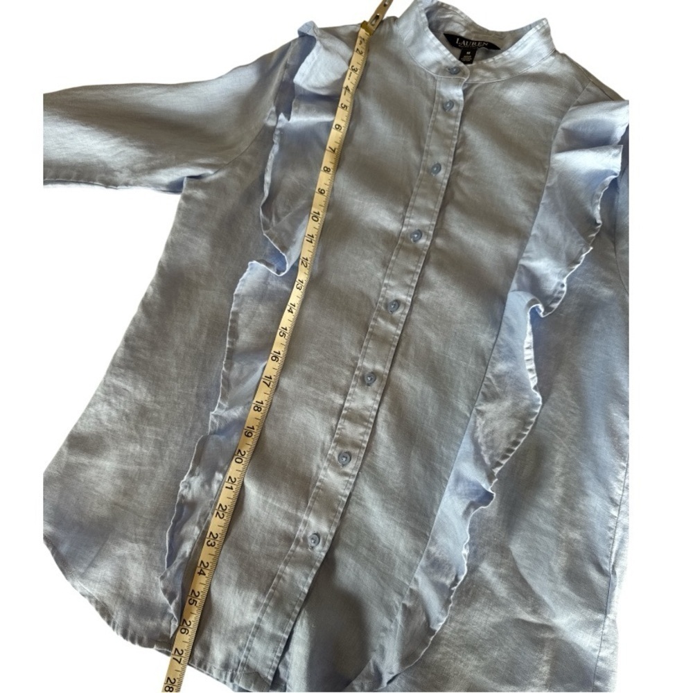 Lauren Ralph Lauren Linen Ruffle Button Down Blouse Light Blue Coastal M Preppy - Picture 11 of 13